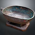 Antique Rusted Bronze Oval Vessel With Three Legs And Wooden Base