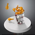 Fresh Chicken Fried Pieces Falling Out Of KFC Bucket With Logo On White Stand