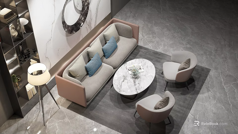 Modern Sofa And Coffee Table Set With Blue Pillows Round Marble Top And Armchairs 3d model 