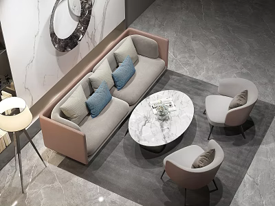 Modern Sofa And Coffee Table Set With Blue Pillows Round Marble Top And Armchairs 3d model