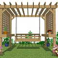 Outdoor Wooden Pergola With Lattice Sides Bench And Potted Plants On Green Lawn