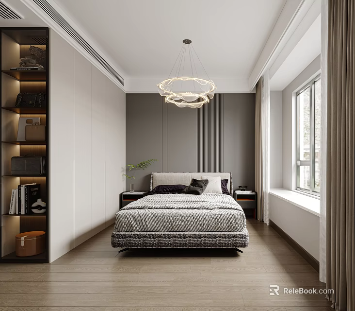 Modern Bedroom Interior Design With Gray Walls White Wardrobe Bed And Hanging Lamp 3d model 