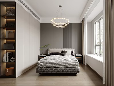 Modern Bedroom Interior Design With Gray Walls White Wardrobe Bed And Hanging Lamp 3d model