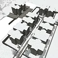 Snow Covered Path Between Buildings With Railings Street Lamp And Small Car