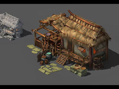 Cartoon Scene of Traditional Thatched House with Clay Pots Ladder and Stone Slabs 3d model