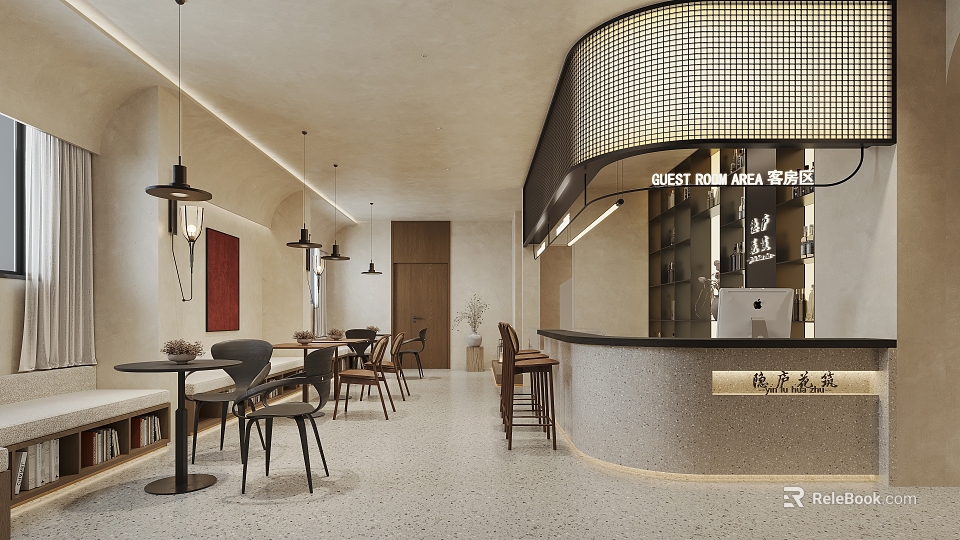 Modern Hotel Lobby Interior Featuring Curved Reception Desk Pendant Lights And Terrazzo Floor 3d model 
