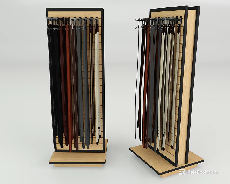 Organized Display Racks with Wooden Base and Black Frame Hanging Colorful Long Items 3d model 