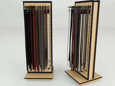 Organized Display Racks with Wooden Base and Black Frame Hanging Colorful Long Items 3d model