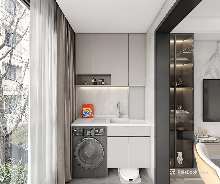 Modern Home Balcony Interior Design With Washing Machine Sink And Storage Cabinets 3d model 