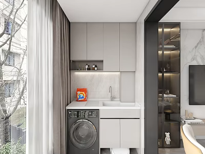 Modern Home Balcony Interior Design With Washing Machine Sink And Storage Cabinets 3d model