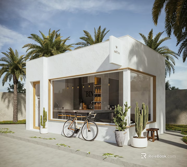 Modern Storefront White Building Large Windows Palm Trees Bicycle Cacti Plants And Shelves 3d model 