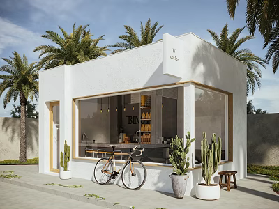 Modern Storefront White Building Large Windows Palm Trees Bicycle Cacti Plants And Shelves 3d model