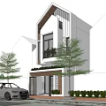 Modern Detached Villa Exterior With Two Story Balcony Front Door And Lush Greenery