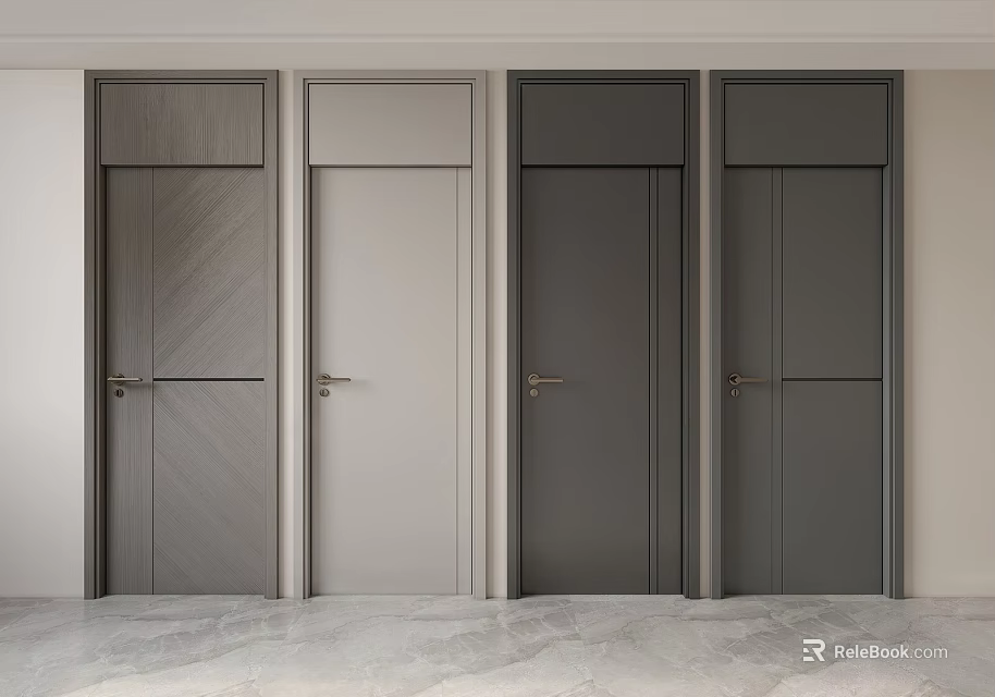 Four Modern Hinged Doors In Various Colors With Wooden Texture And Metal Handles 3d model 