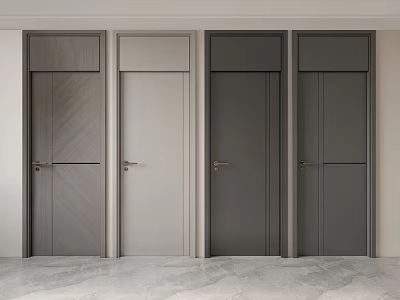 Four Modern Hinged Doors In Various Colors With Wooden Texture And Metal Handles 3d model