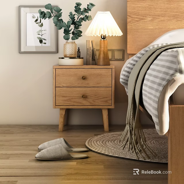Wooden Bedside Table With Drawers Lamp Plants Books Beside Bed Striped Blanket And Woven Rug 3d model 