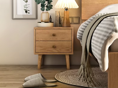 Wooden Bedside Table With Drawers Lamp Plants Books Beside Bed Striped Blanket And Woven Rug 3d model