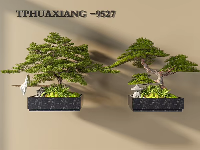 Two Green Bonsai Trees With Crane Figurine And Miniature Pagoda On Black Marble Base 3d model