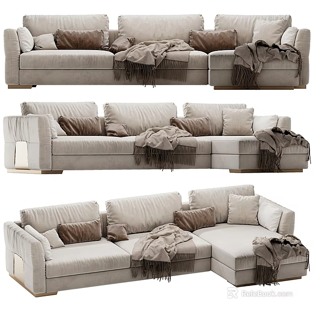 Light Colored Upholstered Multi Seat Sofa With Decorative Pillows And Throw Blankets 3d model