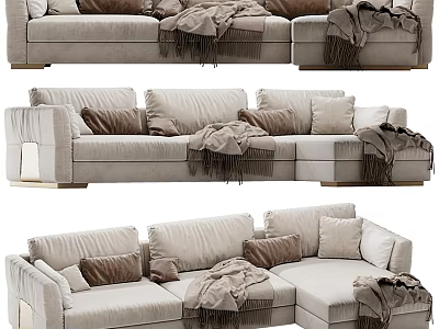 Light Colored Upholstered Multi Seat Sofa With Decorative Pillows And Throw Blankets 3d model