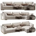 Light Colored Upholstered Multi Seat Sofa With Decorative Pillows And Throw Blankets 3d model
