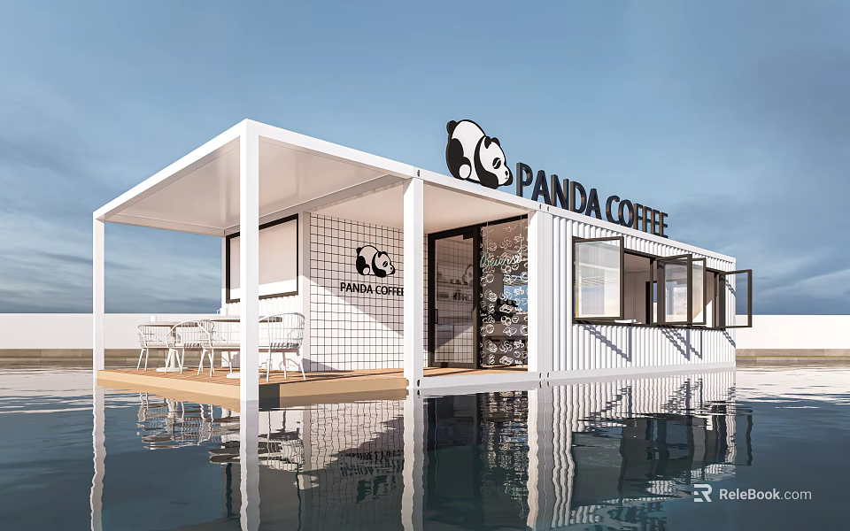 Modern Panda Coffee Shop Container Building With White Structure Outdoor Seating And Water Reflection 3d model 