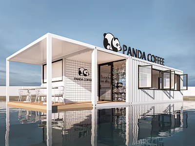 Modern Panda Coffee Shop Container Building With White Structure Outdoor Seating And Water Reflection 3d model
