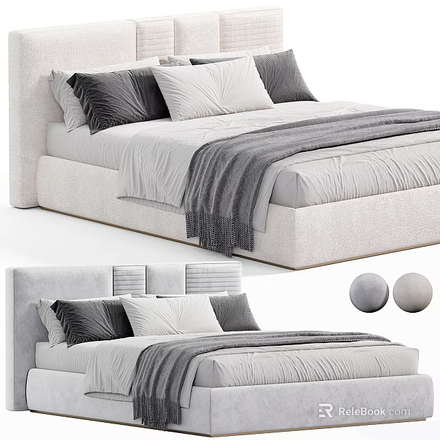 Double Bed With Upholstered Headboard Gray White Bedding Pillows And Throw Blanket 3d model