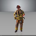 Firefighter In Red Helmet And Firefighting Uniform Holding Yellow Axe Against Gray Background