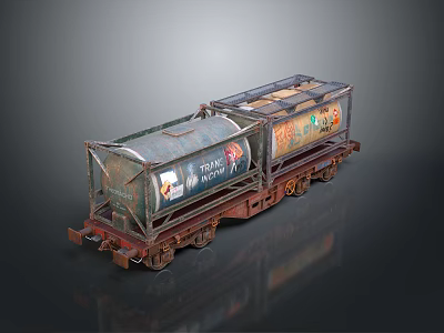 Vintage Train Model Featuring Rusty Green Brown Cargo Cars With Advertisements And Reflective Surface 3d model