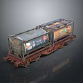 Vintage Train Model Featuring Rusty Green Brown Cargo Cars With Advertisements And Reflective Surface