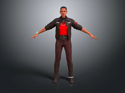 Stylish Daily Life Clothing Essentials Black Jacket Red T-shirt Brown Pants And Boots 3d model