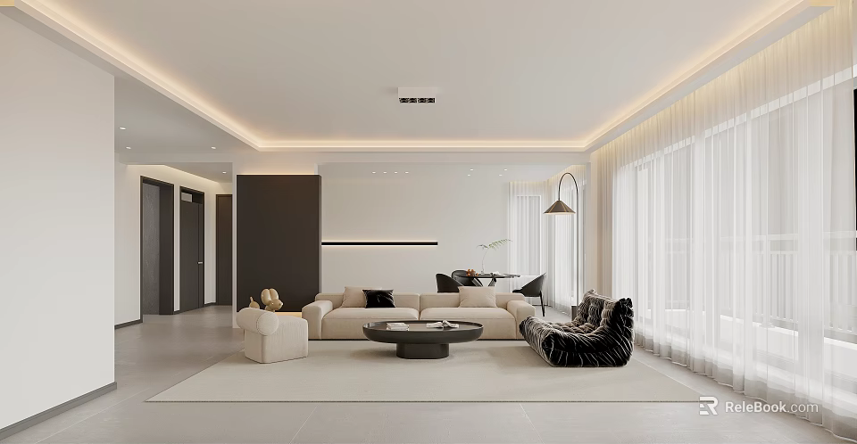 Modern Living and Dining Area Interior With Neutral Tones Sofa Coffee Table and Curtains 3d model 