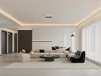 Modern Living and Dining Area Interior With Neutral Tones Sofa Coffee Table and Curtains 3d model