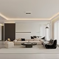 Modern Living and Dining Area Interior With Neutral Tones Sofa Coffee Table and Curtains