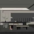 Modern Tea Room Interior With Long Marble Table Teaware Shelves Wooden Bench And Green Plant