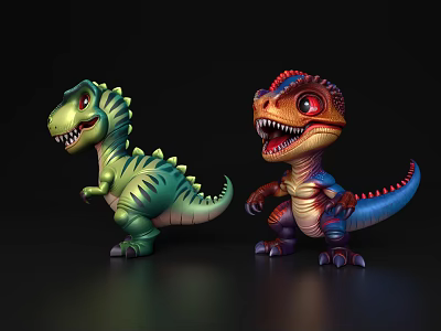 Cute Cartoon Reptile Dinosaurs Standing With Green Spikes Open Mouth And Colorful Bodies 3d model