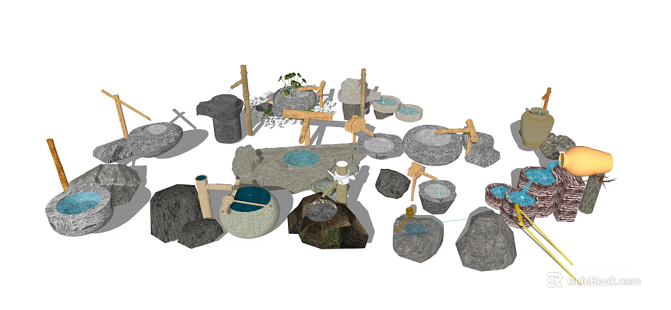 Decorative Garden Ornaments Featuring Stones Wooden Structures Water Basins And Plants 3d model 