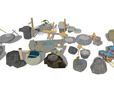 Decorative Garden Ornaments Featuring Stones Wooden Structures Water Basins And Plants 3d model