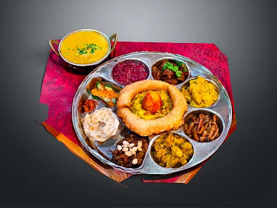 Authentic Indian Thali Platter Featuring Assorted Curries Rice Dal Vegetables And Pickles 3d model