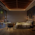Hotel Room Interior With Gray Stone Wall Bathtub Bed Plant And Floor to Ceiling Window