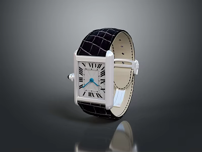 Luxury Square Dial Watch With White Roman Numerals Blue Hands Black Crocodile Leather Strap 3d model