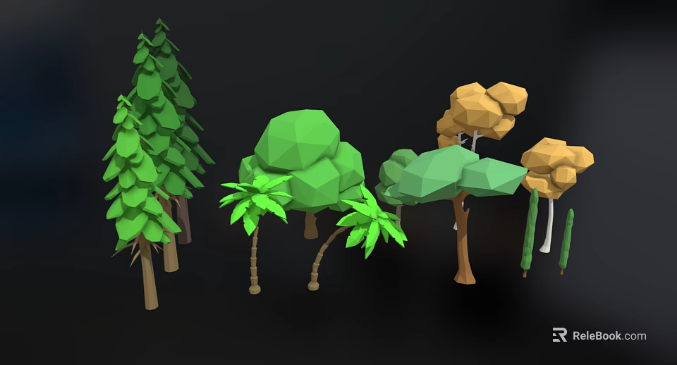 Low Poly Plant Combination Featuring Various Green And Yellow Trees With Palm Elements 3d model 