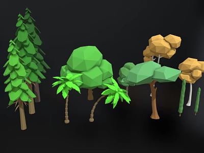 Low Poly Plant Combination Featuring Various Green And Yellow Trees With Palm Elements 3d model