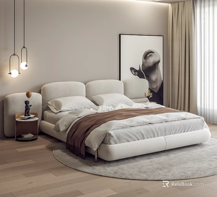 Modern Upholstered Double Bed With Soft Bedding Nightstand Pendant Lights And Artwork 3d model 