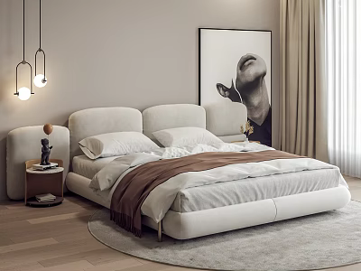 Modern Upholstered Double Bed With Soft Bedding Nightstand Pendant Lights And Artwork 3d model