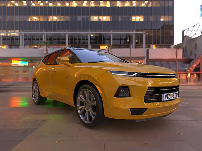 Yellow Chevrolet SUV Parked On City Street With Tall Buildings And Evening Lights 3d model