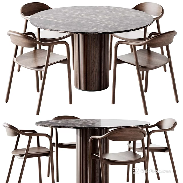 Modern Round Marble Top Dining Table Set With Wooden Chairs 3d model