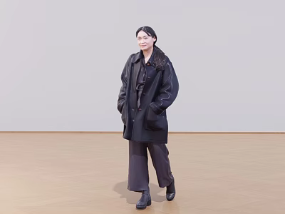 Woman Wearing Black Coat And Dark Pants Walking On Wooden Floor With Light Background 3d model