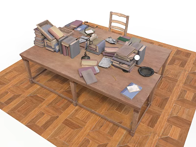 Wooden Dining Table with Books Lamp Cup and Chair on Wooden Parquet Floor 3d model